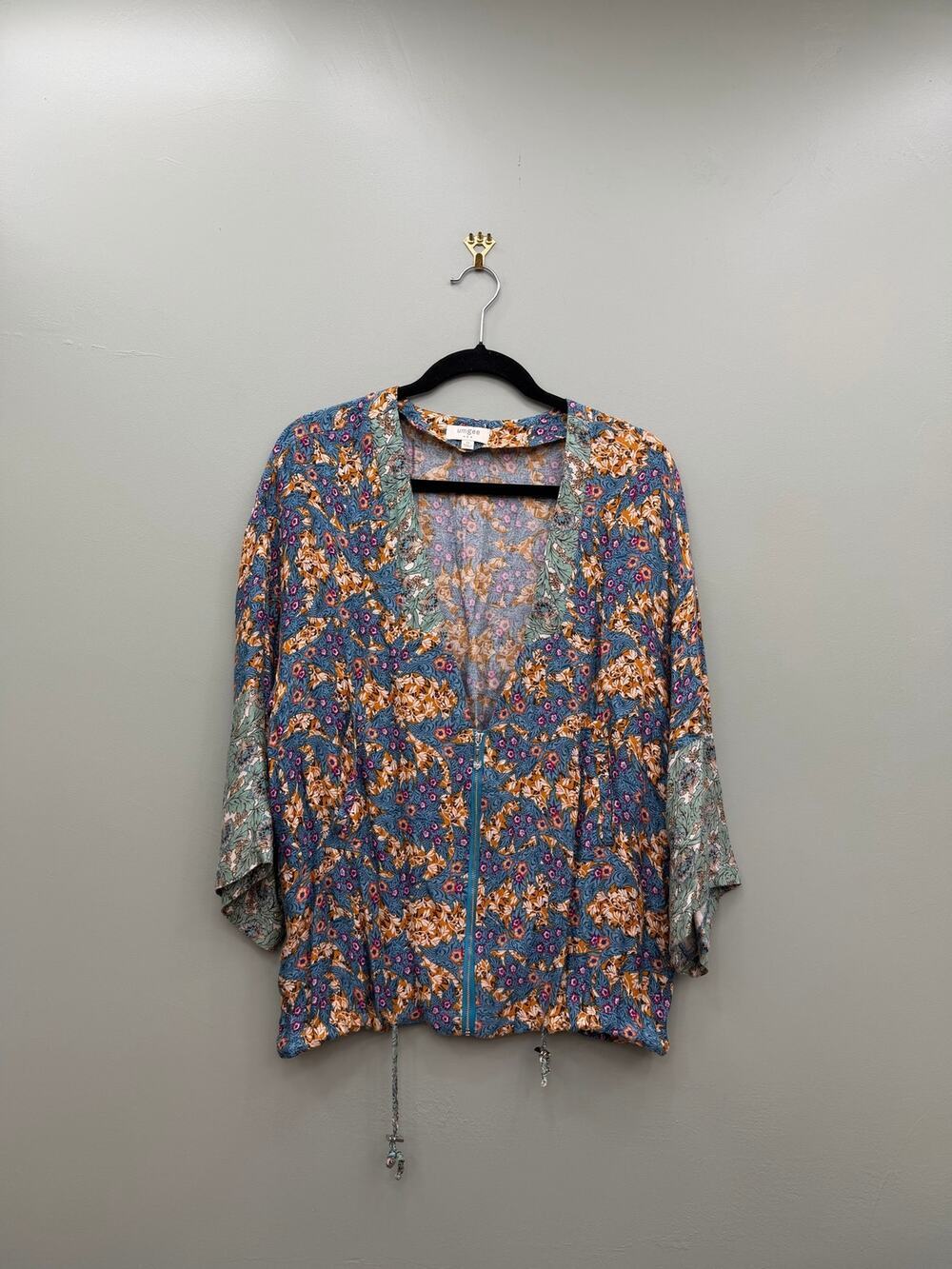 Umgee Floral Boho Zip Front Kimono Blouse Tie Hem Oversized Medium